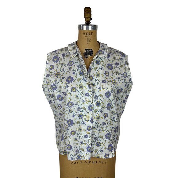 Vintage 50s Sleeveless Blouse Womens 1X Blue Floral Button Down Top Volup - Picture 2 of 9